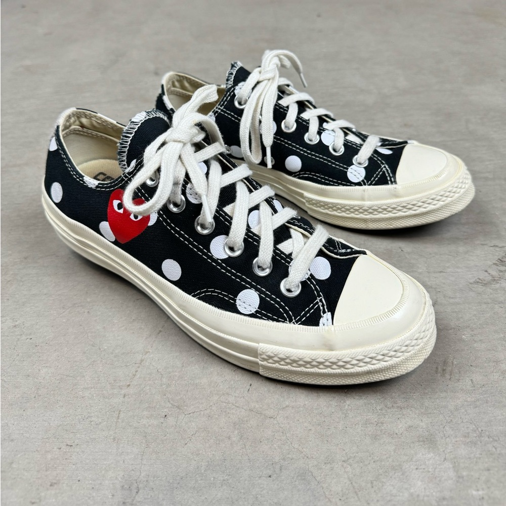 Comme des Garcons Black and White Polka Dot Sneakers with Red Heart